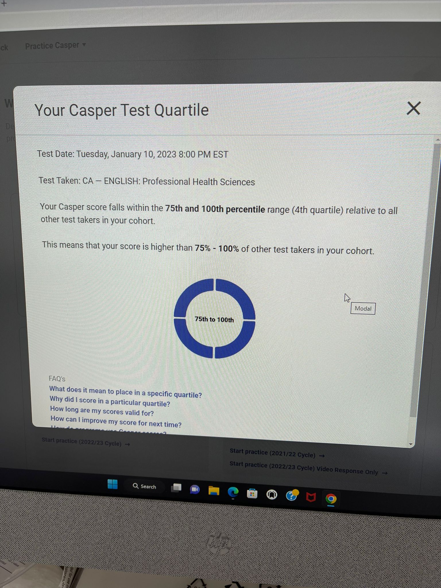 Arvin's official CASPer score report showing the 4th quartile, 75th to 100th percentile