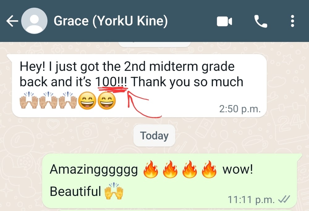 Grace, 100 on midterm